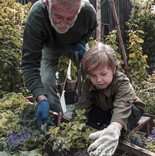 Grand père jardinant avec son petit fils